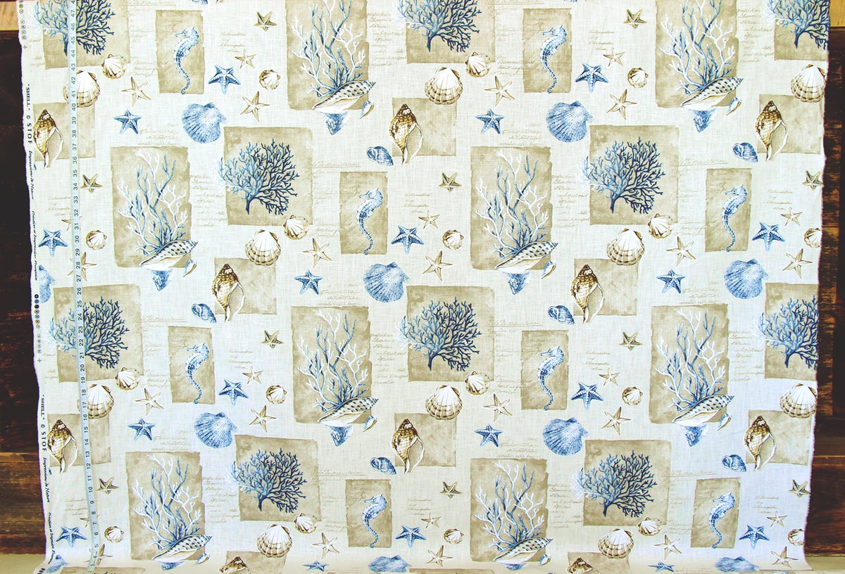 Blue coral seahorse fabric sea shells French writing coastal decor