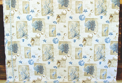 Blue coral seahorse fabric sea shells French writing coastal decor