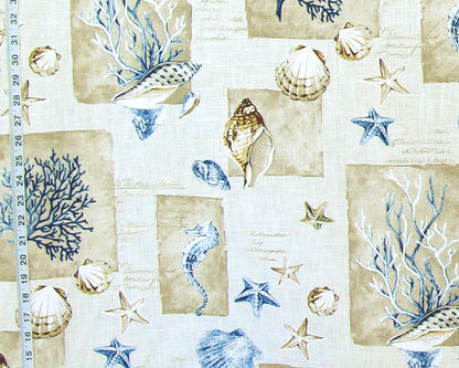 Blue coral seahorse fabric sea shells French writing coastal decor