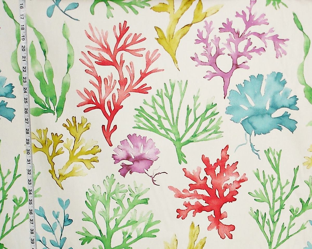 Colorful coral and seaweed pattern on a white background with a ruler for scale.