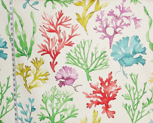 Colorful coral and seaweed pattern on a white background with a ruler for scale.