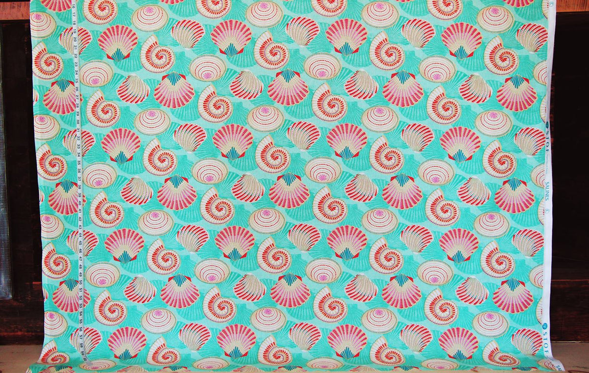 Aqua seashell fabric coastal whimsical ocean carnival pink orange scallops ammonites