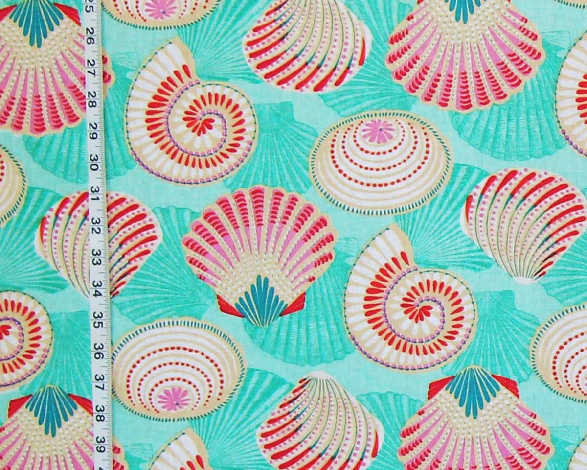 Aqua seashell fabric coastal whimsical ocean carnival pink orange scallops ammonites