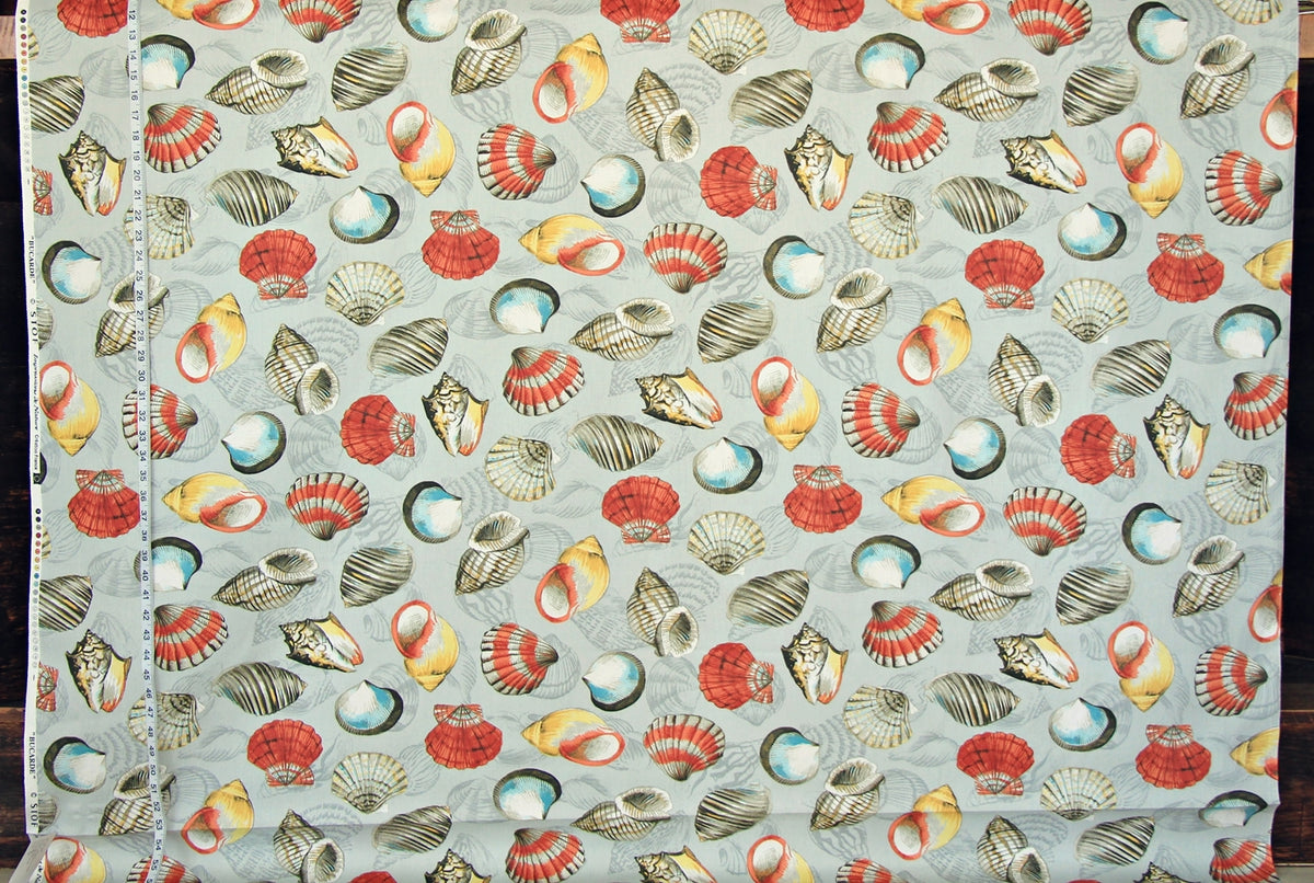 Orange yellow aqua seashell fabric grey toile  ocean