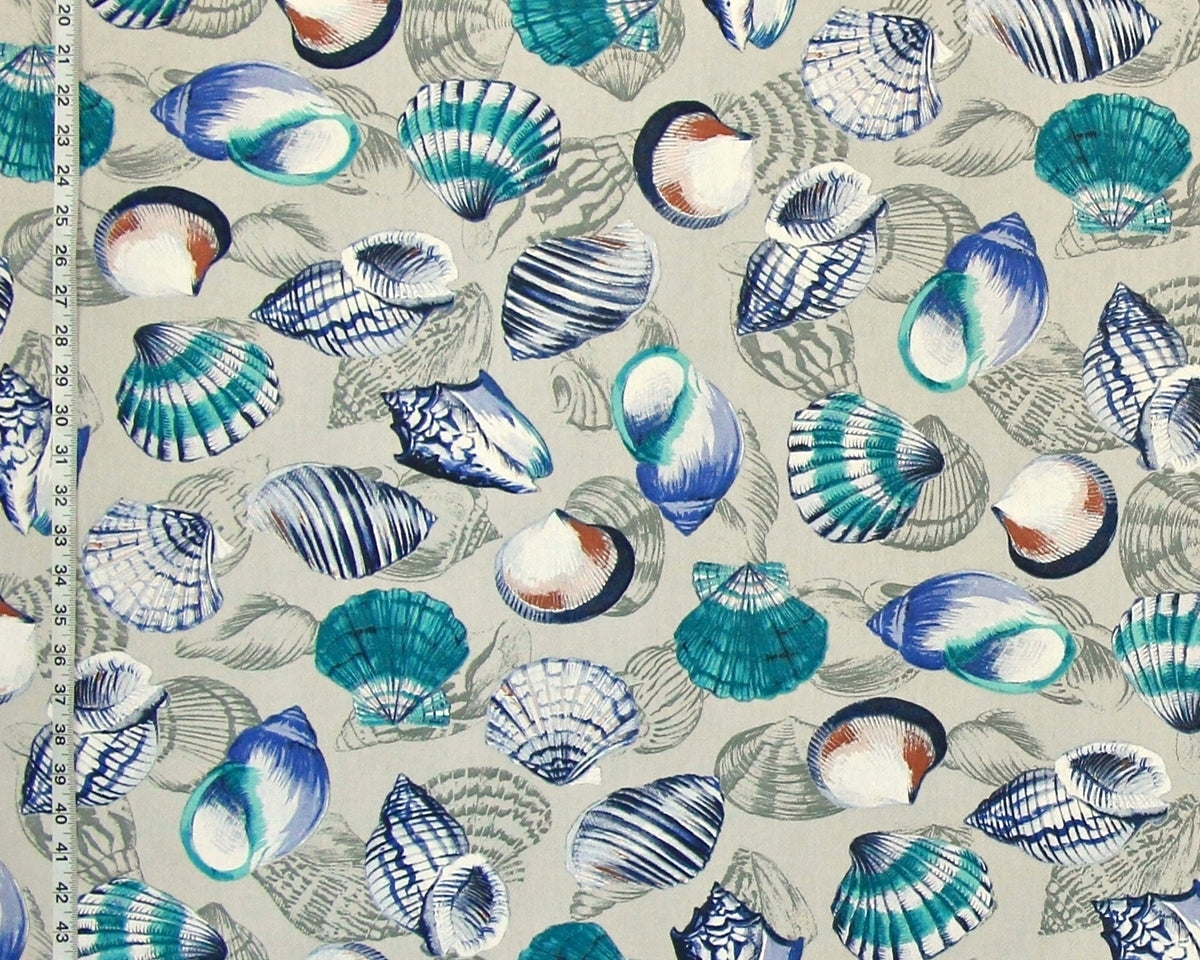 Blue teal seashell fabric aqua grey toile  purple ocean