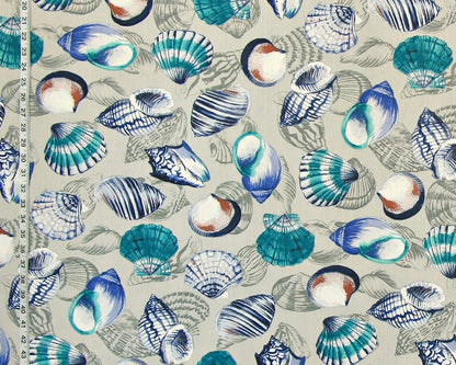 Blue teal seashell fabric aqua grey toile  purple ocean