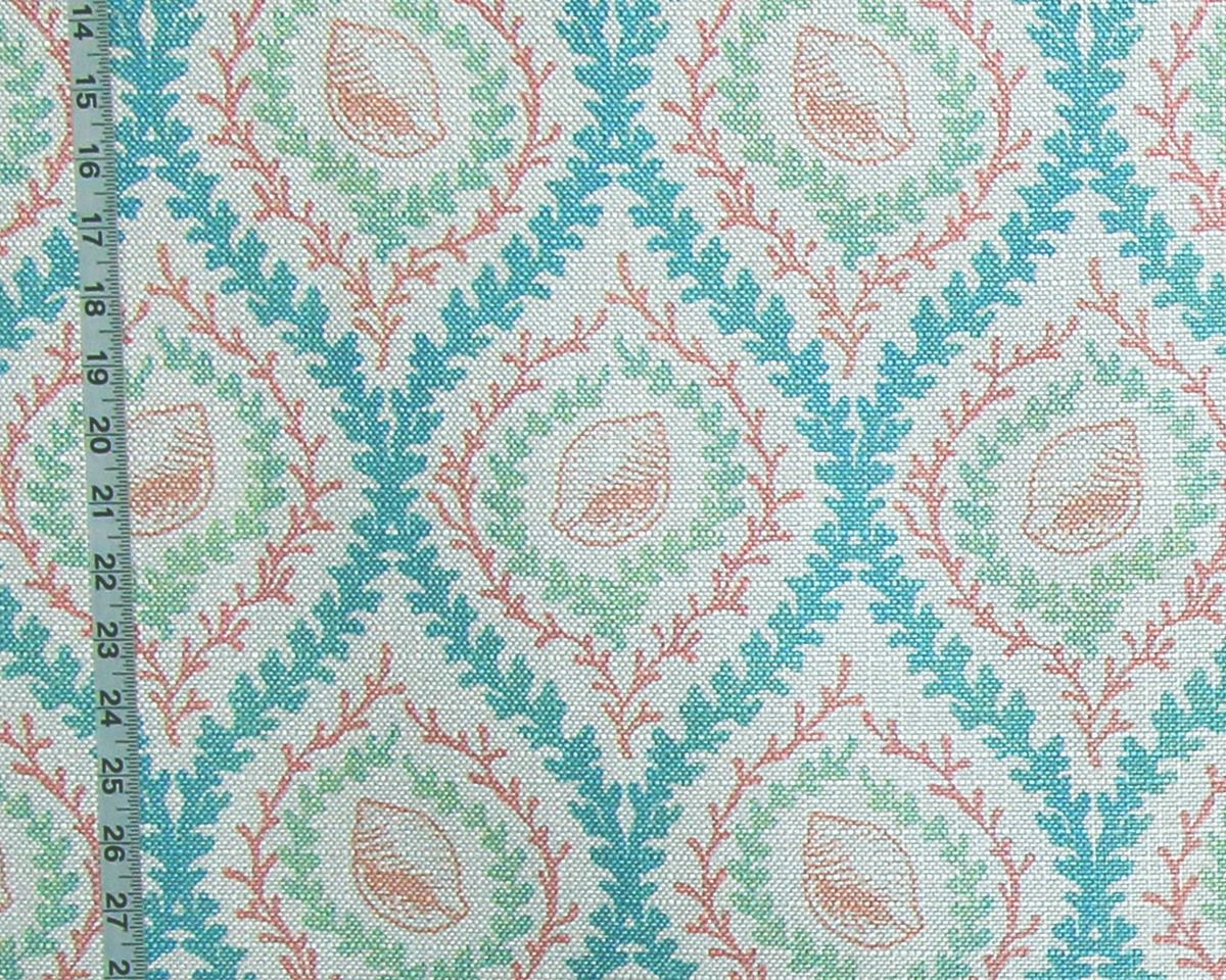 Pink seashell fabric coral green blue seaweed lattice