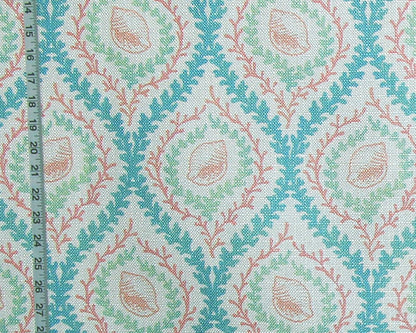 Pink seashell fabric coral green blue seaweed lattice