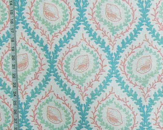 Pink seashell fabric coral green blue seaweed lattice