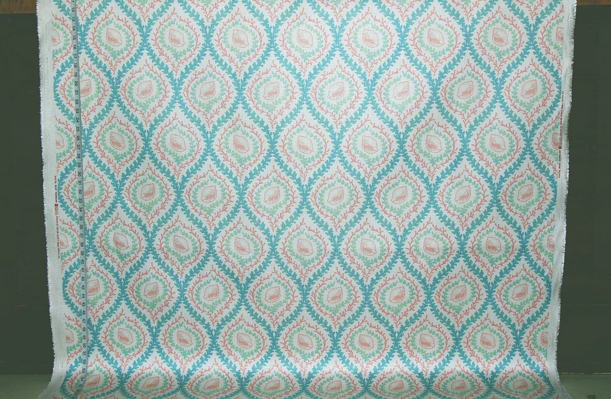 Pink seashell fabric coral green blue seaweed lattice