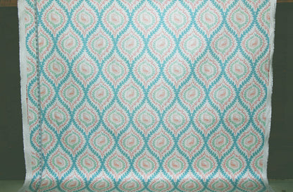 Pink seashell fabric coral green blue seaweed lattice