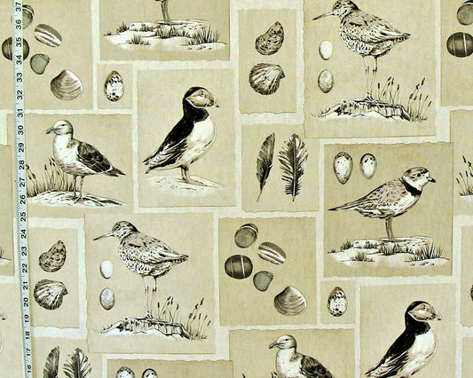 Shore birds illustrations fabric seashell puffin neutral beach coastal decorating