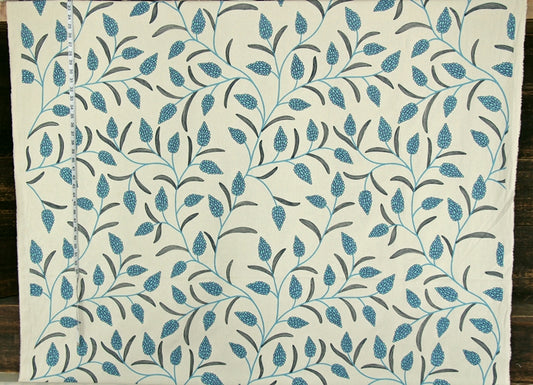 A close-up of a fabric or wallpaper pattern featuring a repeating design of blue and gray leaves and vines on an off-white background, with a measuring tape visible along the left edge.