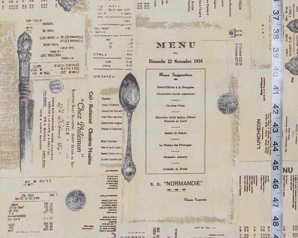 French English menu tablecloth 55" L x 54 1/2"W