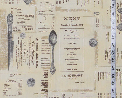 French English menu tablecloth 55" L x 54 1/2"W