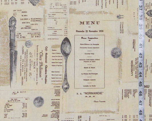 French English menu tablecloth 55" L x 54 1/2"W