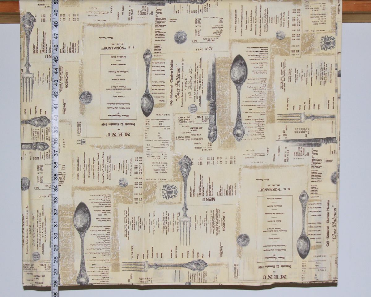 French English menu tablecloth 55" L x 54 1/2"W