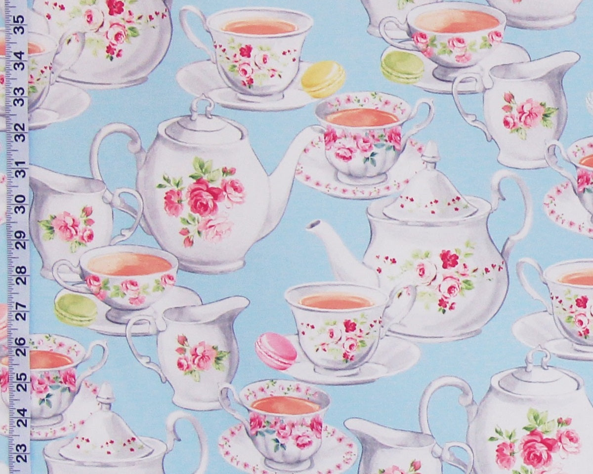 Blue teapot fabric vintage rose china teacup