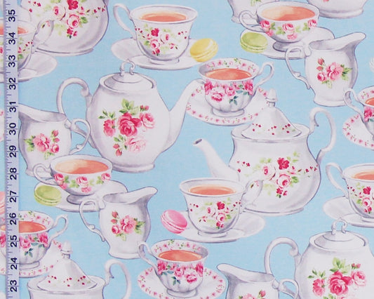 Blue teapot fabric vintage rose china teacup