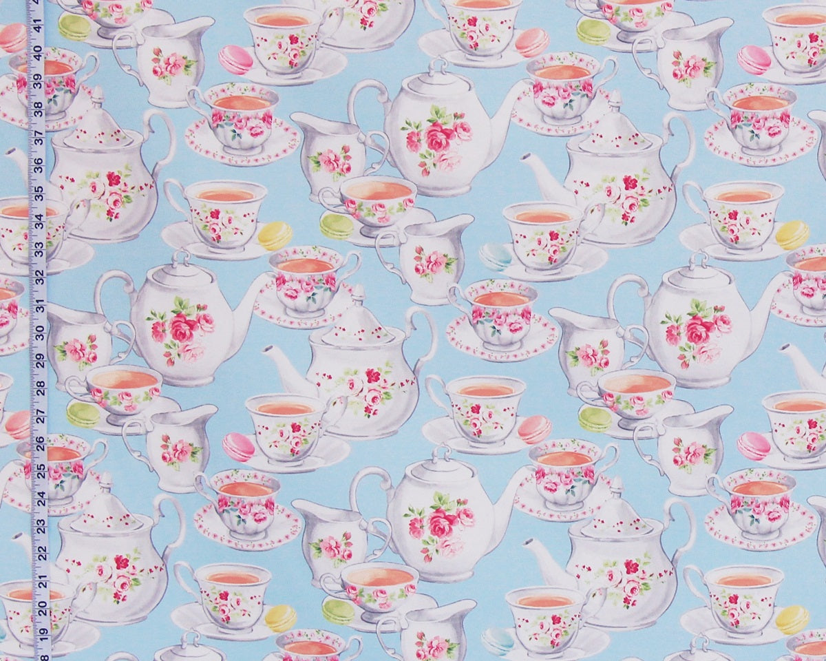 Blue teapot fabric vintage rose china teacup