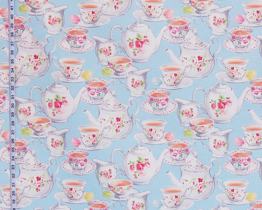 Blue teapot fabric vintage rose china teacup