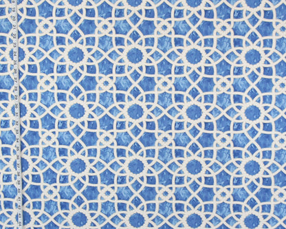 Blue Lattice Scroll Fabric Trellis Tile Watercolor