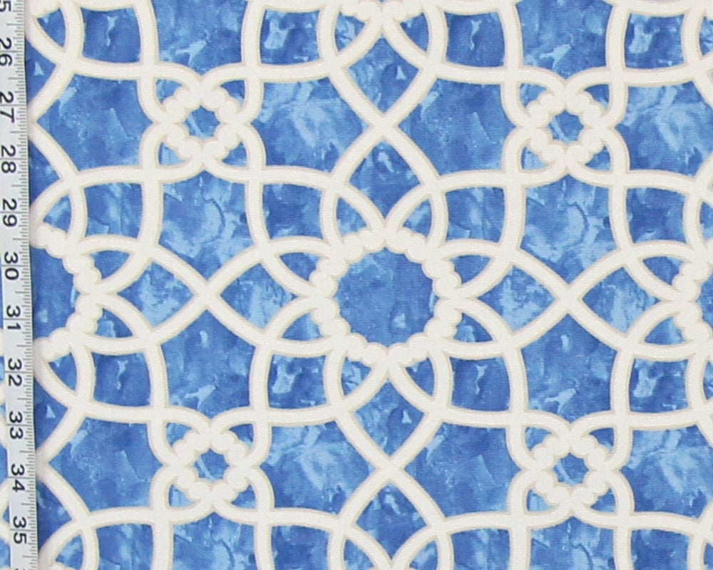 Blue Lattice Scroll Fabric Trellis Tile Watercolor