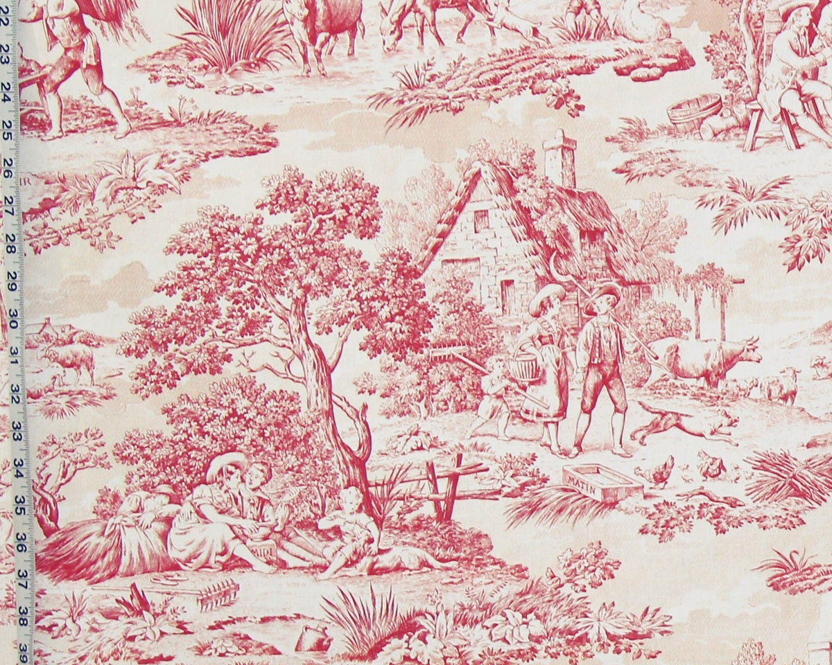 Red toile de Jouy fabric French country
