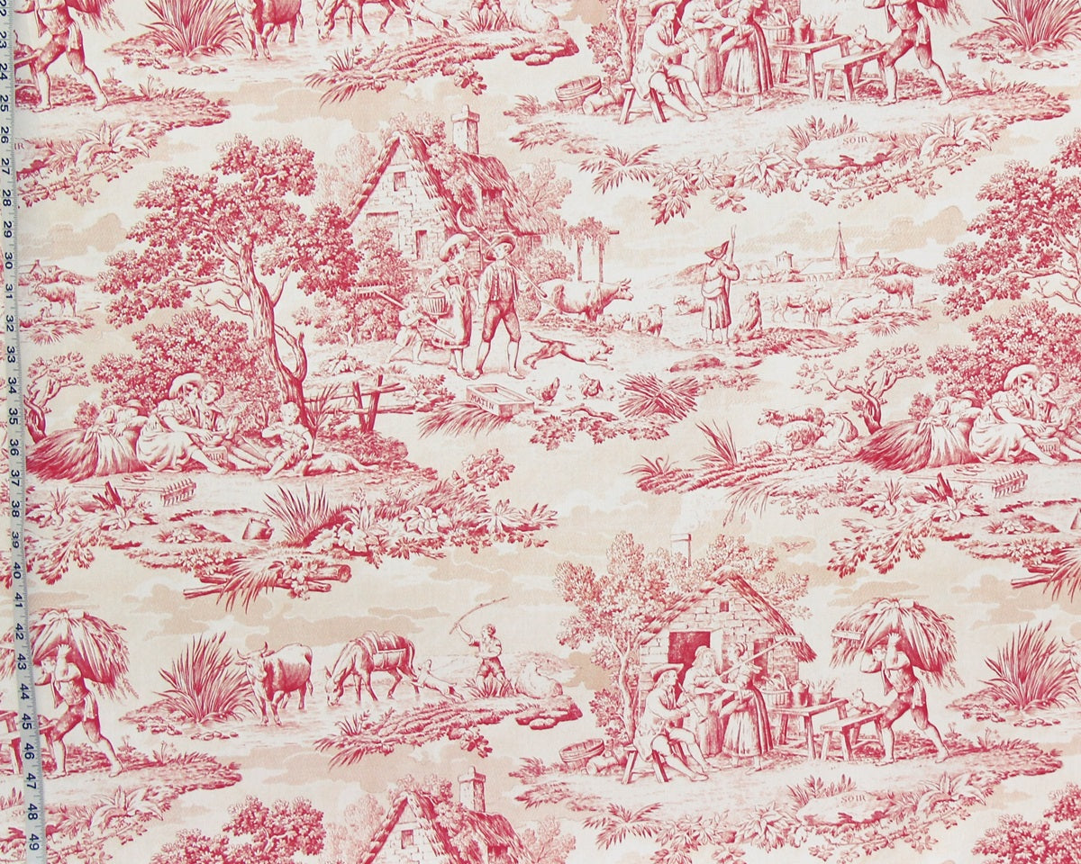 Red toile de Jouy fabric French country
