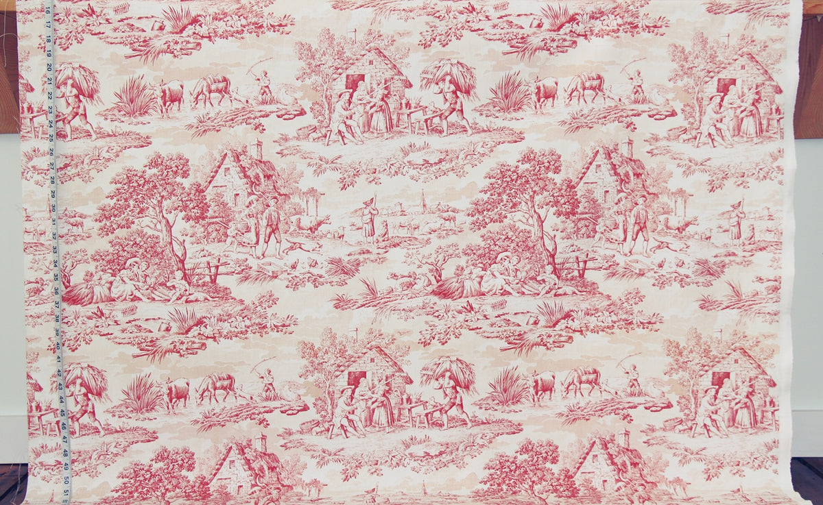 Red toile de Jouy fabric French country