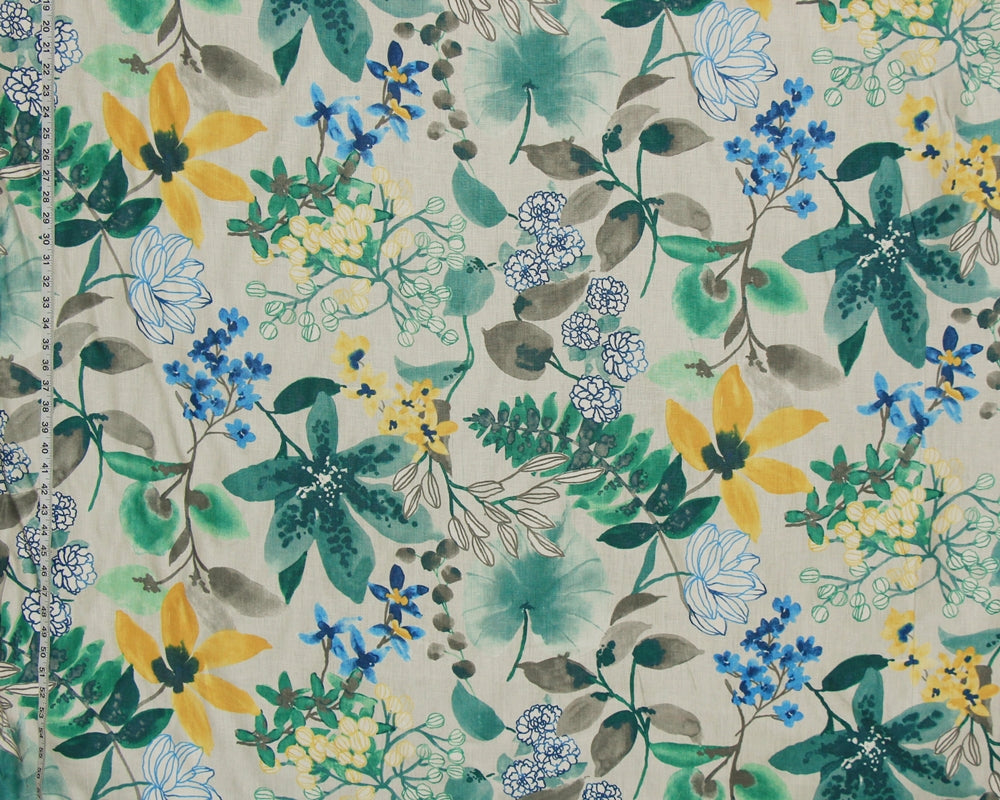 Tropical floral fabric orchids watercolor evening teal  linen