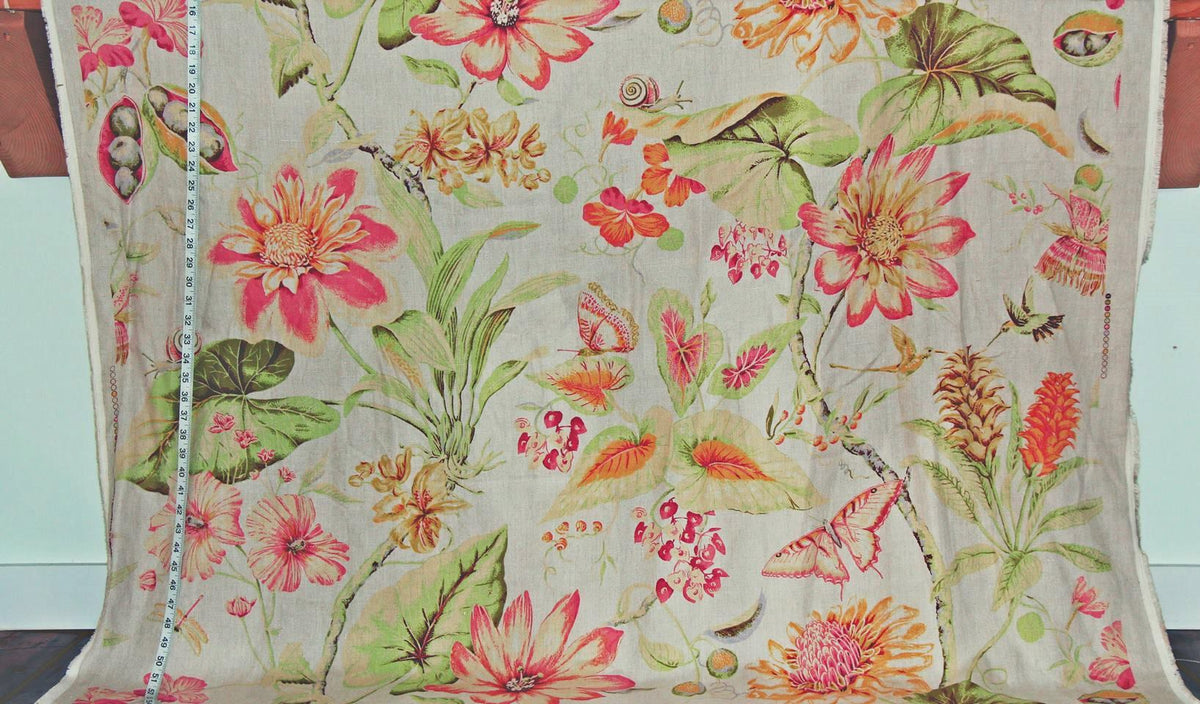 Vintage Tropical Floral Fabric Pink Flowers Remnant- 54"