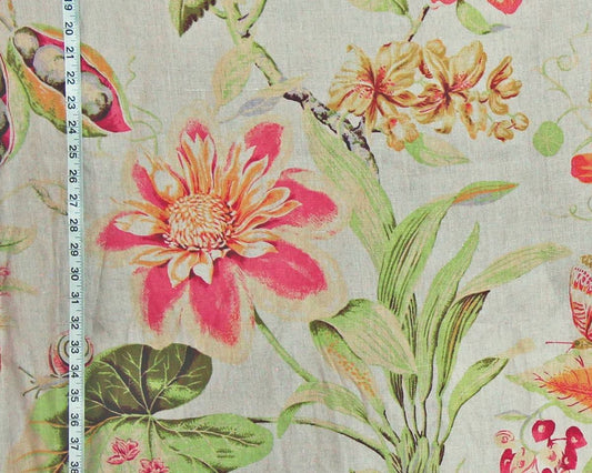 Vintage Tropical Floral Fabric Pink Flowers Remnant- 54"