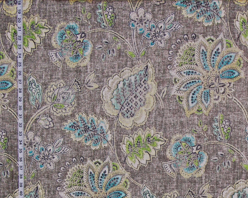 Grey Indienne Fabric - Turquoise, Blue, Green Floral