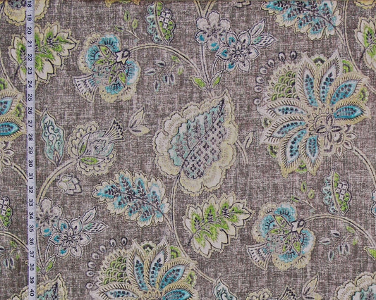 Grey Indienne Fabric - Turquoise, Blue, Green Floral