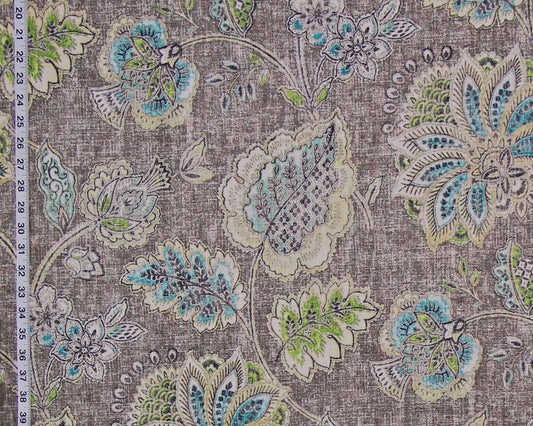 Grey Indienne Fabric - Turquoise, Blue, Green Floral