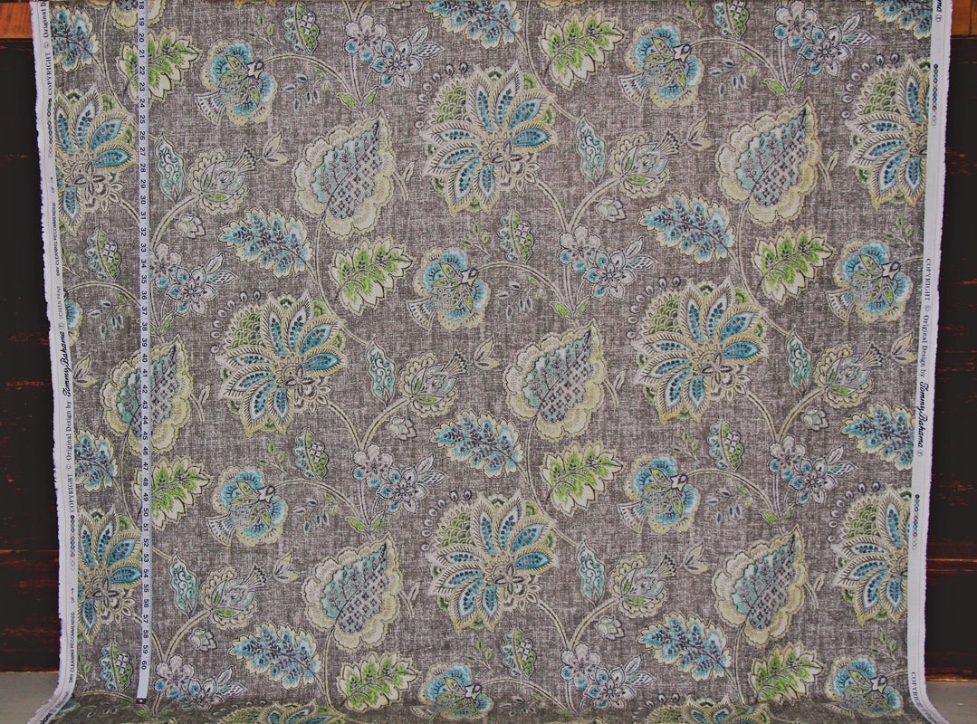 Grey Indienne Fabric - Turquoise, Blue, Green Floral