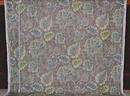 Grey Indienne Fabric - Turquoise, Blue, Green Floral