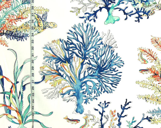 Blue coral fabric ocean reef turtle orange
