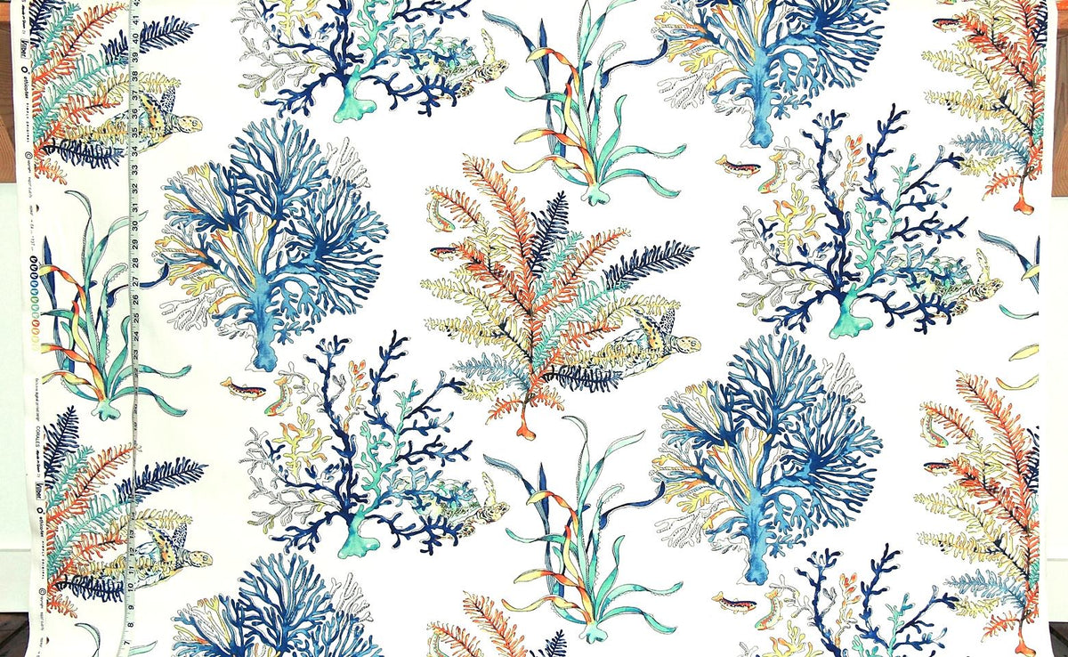 Blue coral fabric ocean reef turtle orange