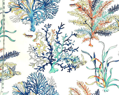Blue coral fabric ocean reef turtle orange