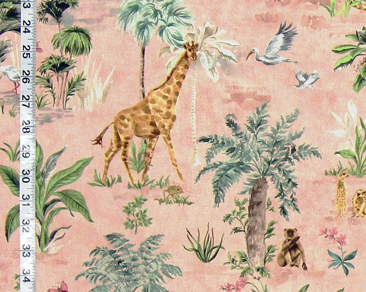 African animal fabric giraffe elephant cheetah monkey meerkat pink