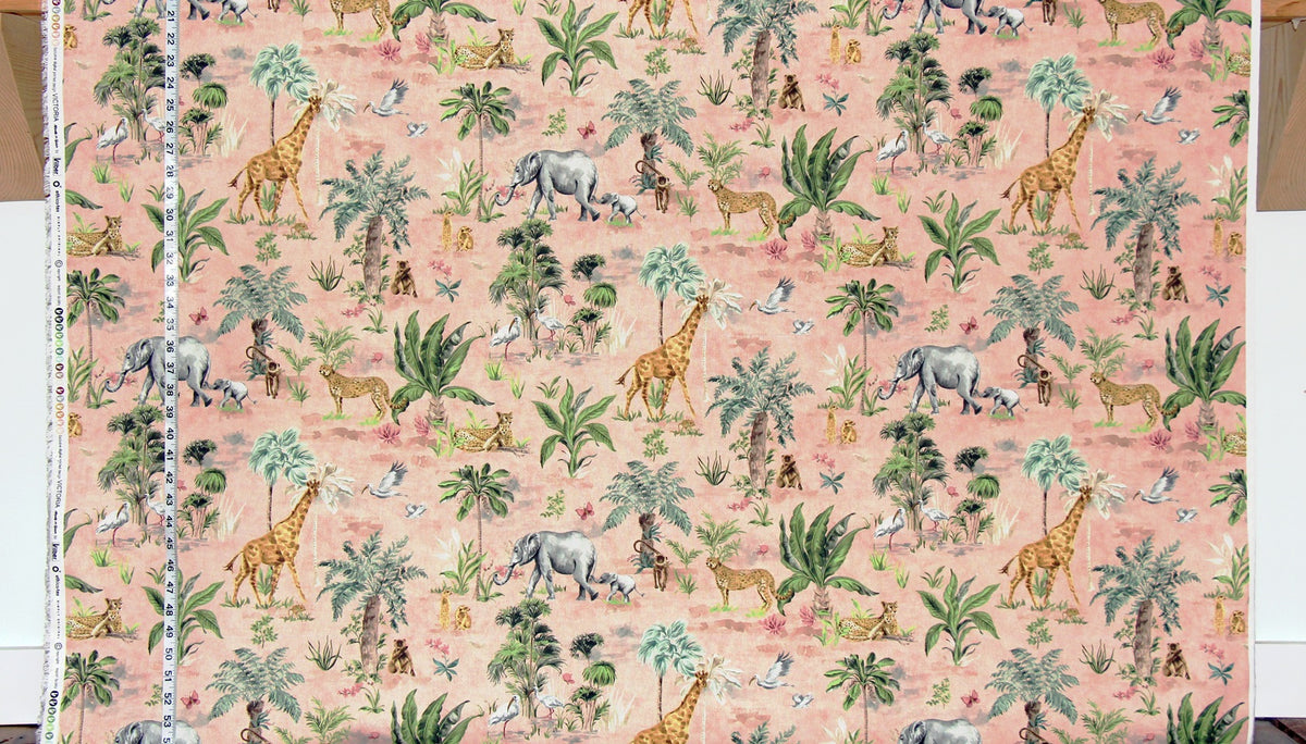 African animal fabric giraffe elephant cheetah monkey meerkat pink