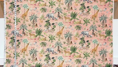 African animal fabric giraffe elephant cheetah monkey meerkat pink