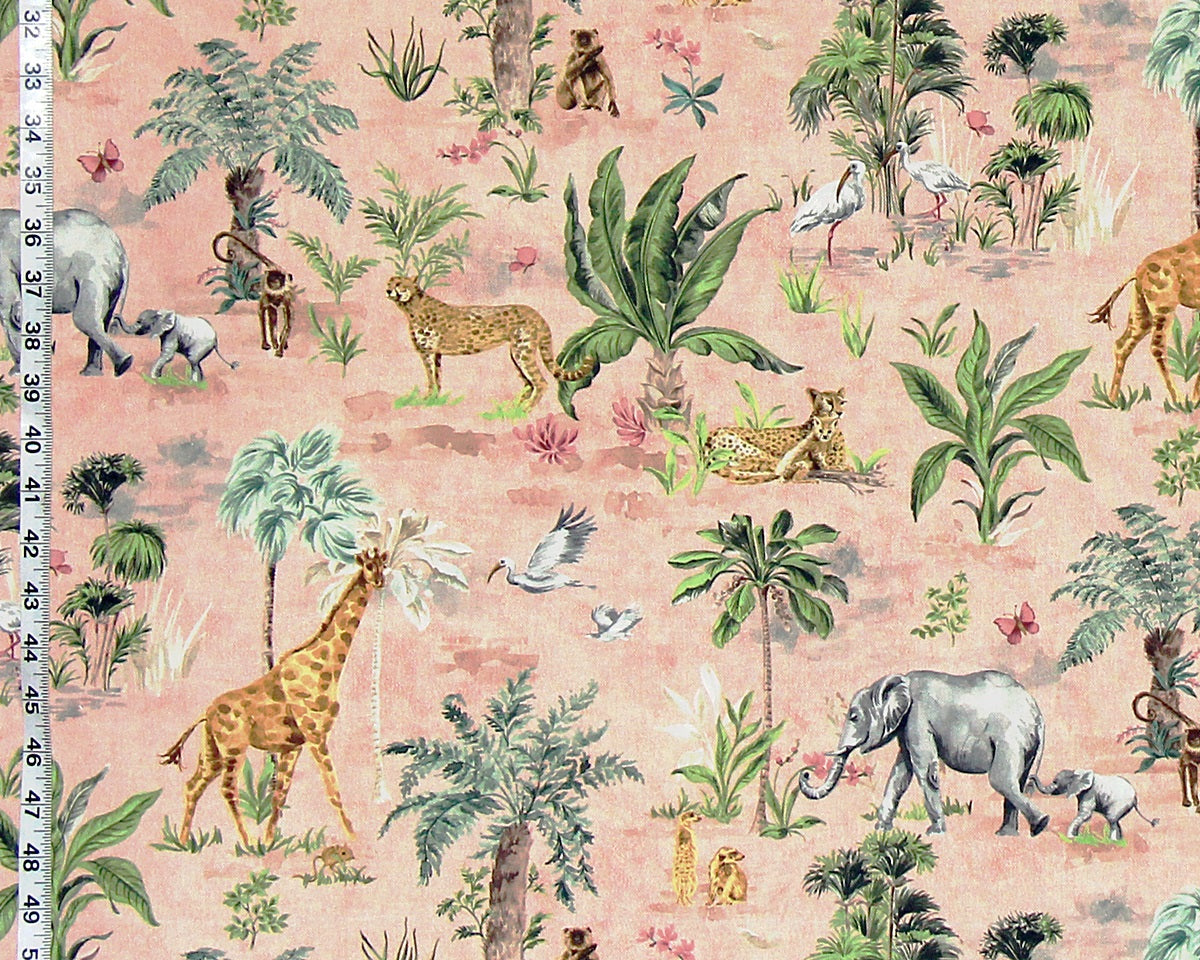 African animal fabric giraffe elephant cheetah monkey meerkat pink