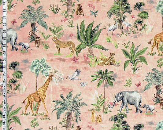 African animal fabric giraffe elephant cheetah monkey meerkat pink