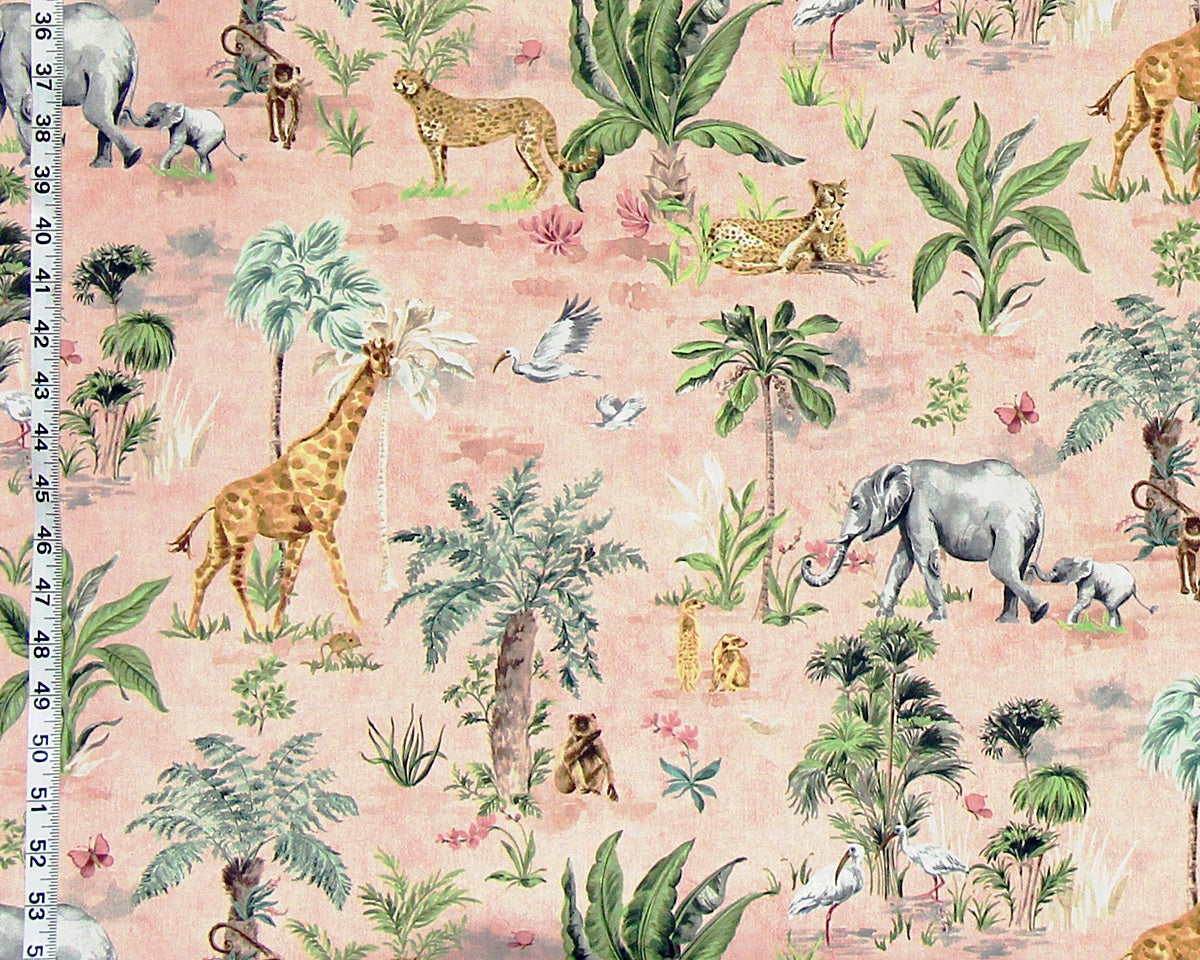 African animal fabric giraffe elephant cheetah monkey meerkat pink