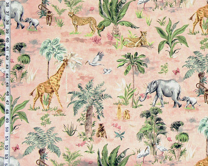 African animal fabric giraffe elephant cheetah monkey meerkat pink