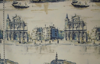Fabric with printed design of architectural buildings and canals.