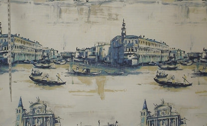 Artistic depiction of a Venetian canal with gondolas and buildings.